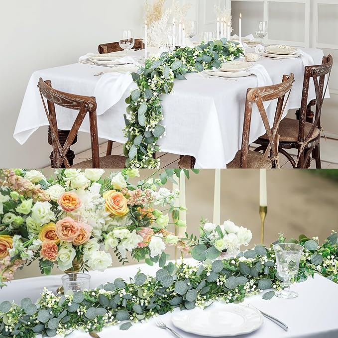 Sggvecsy 4 Pack Artificial Eucalyptus Garland Eucalyptus Leaves Vines Greenery Garland Faux Silver Dollar Eucalyptus Leaves for Table Party Wedding Indoor Outdoor Home Mantle Wall Decor