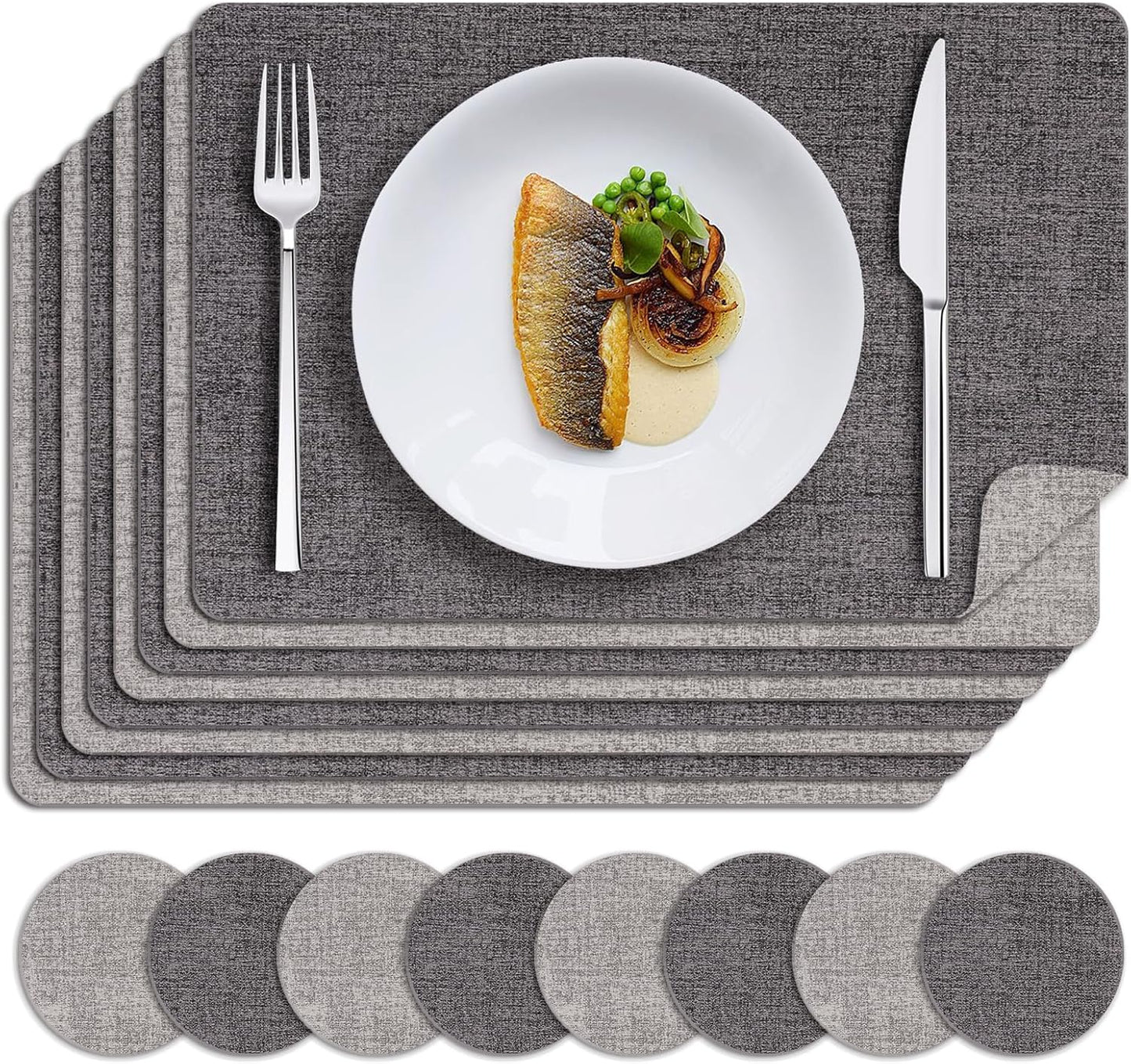 MOSAYT Placemats Set of 8, Heat Resistant Vinyl Place Mats with Coasters, Wipeable Washable Waterproof Oil Proof Faux Leather Table Mats for Kitchen Dining Party Outdoor, 12" x 18", Dark Light Grey
