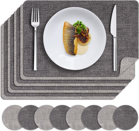 MOSAYT Placemats Set of 8, Heat Resistant Vinyl Place Mats with Coasters, Wipeable Washable Waterproof Oil Proof Faux Leather Table Mats for Kitchen Dining Party Outdoor, 12" x 18", Dark Light Grey