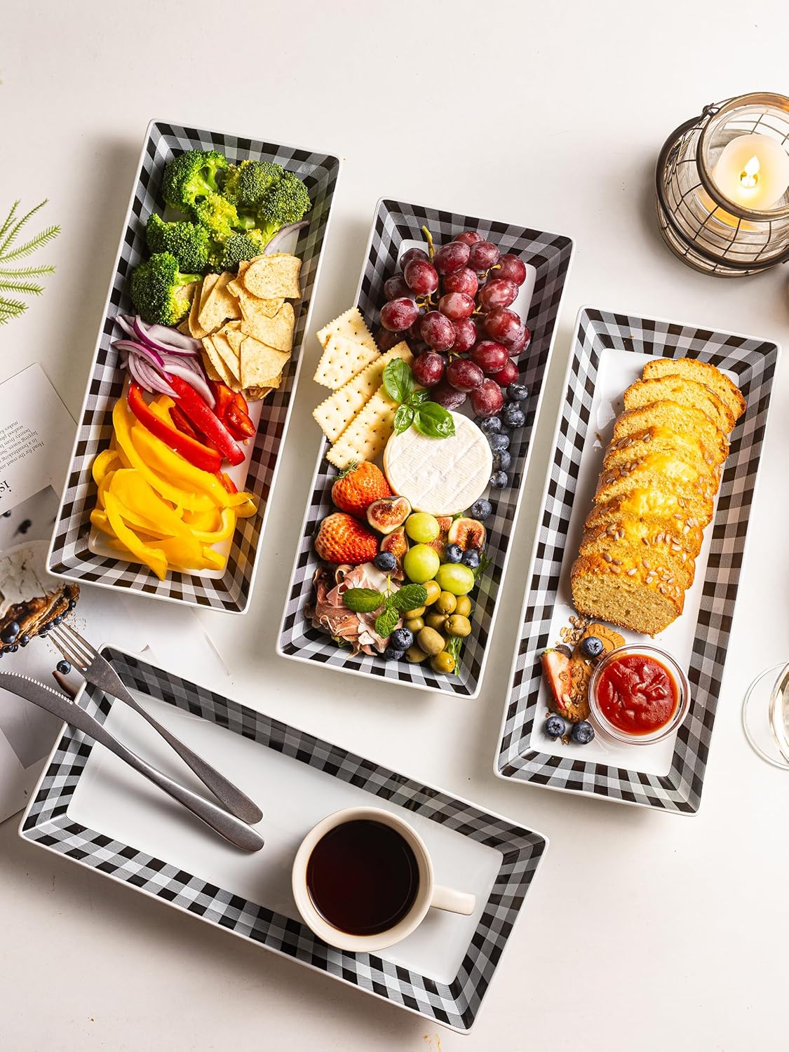 YHOSSEUN Halloween Serving Platters Set of 4, Black and White Serving Platters and Trays for Food, Rectangular Long Plates Serving Dishes for Entertaining, Checkered, 14 Inch
