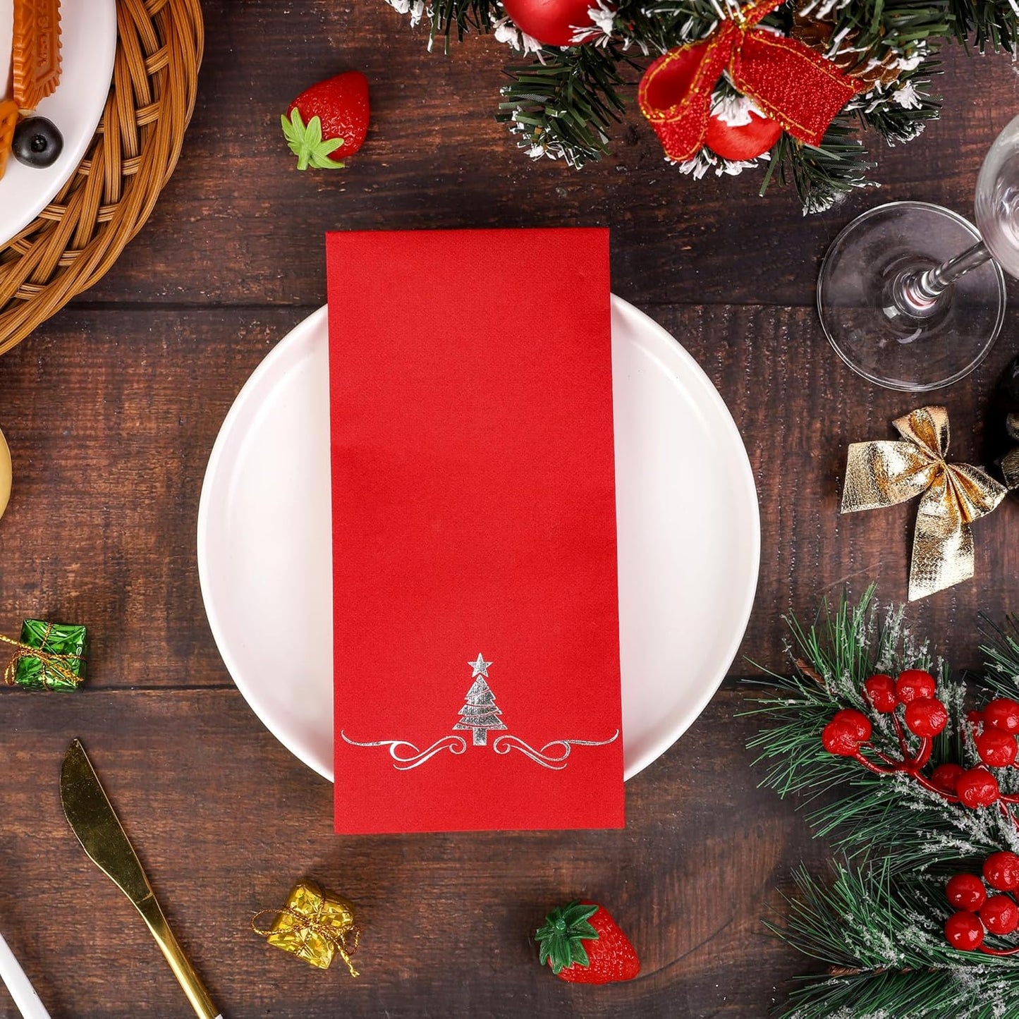 100 Pack Disposable Guest Napkins - 12 x 17 Inch Silver Foil Christmas Trees Napkins Xmas Tree Hand Towels for Bathroom Kitchen Weddings Holiday Party, Red