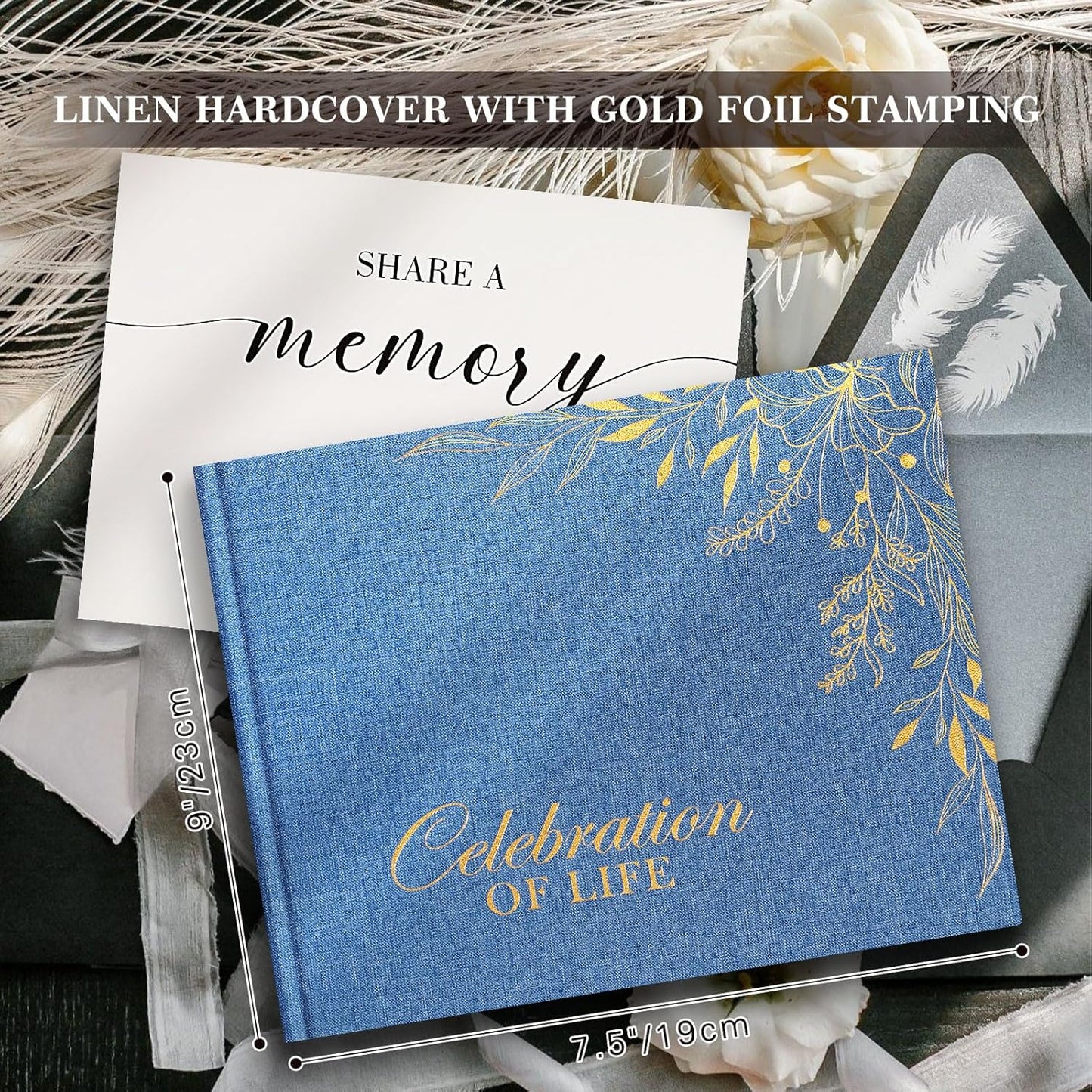 Lanpn Funeral Guest Book for Memorial Service, Linen Cover Celebration of Life Registry Guest Book, Funeral Favors Sign in Books for Guests Memory Book for Funeral with Memory Table Sign, Blue