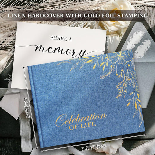 Lanpn Funeral Guest Book for Memorial Service, Linen Cover Celebration of Life Registry Guest Book, Funeral Favors Sign in Books for Guests Memory Book for Funeral with Memory Table Sign, Blue