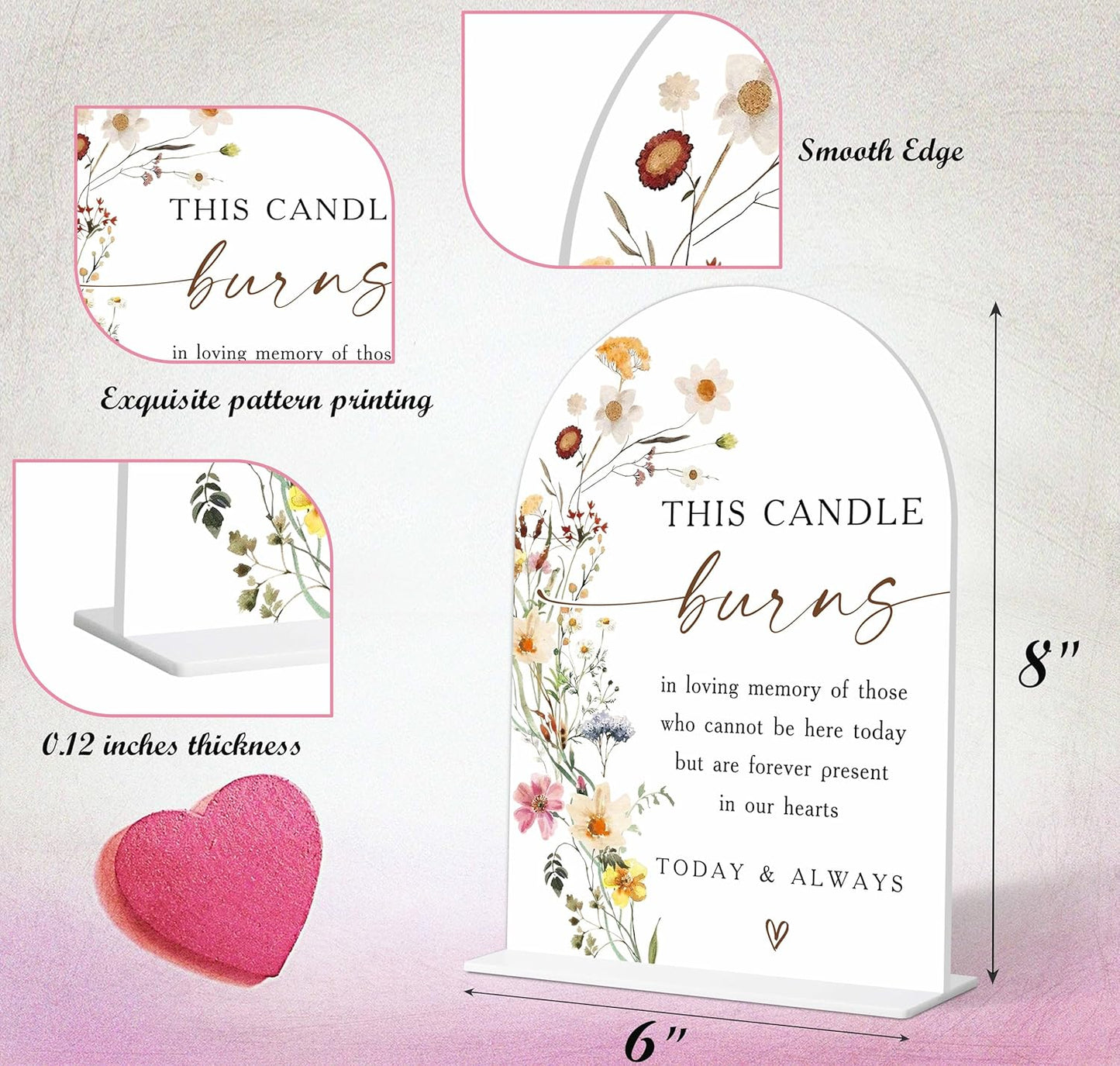 Wedding Memorial Sign, Flower Style Wedding Table Signs for Reception and Event Party, Bridal Shower, Engagement, Centerpiece Party Decor, Memorial Plaque, 6X8 Inch Acrylic Arch Sign with Stand,24