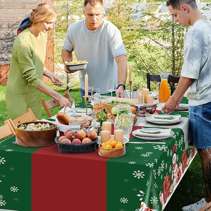 Childom 2 Pack Christmas Tablecloth,Disposable Plastic Tablecloth 54" x 108" Christmas Decorations Xmas Party Supply,Snowman Green Table Cloth,Plastic Table Cover for Indoor,Outside,Home,Dinner,Party