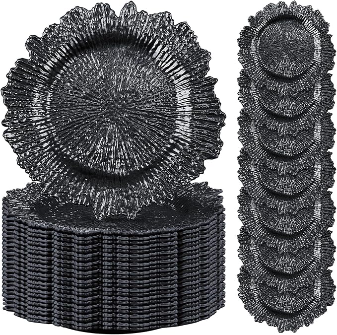 Rtteri 50 Pcs 13 Inch Charger Plates Bulk, Plastic Charger Plates with Floral Reef Design, Round Ruffled Rim Decorative Dinner Tableware for Wedding, Party, Event Table Decor(Black)