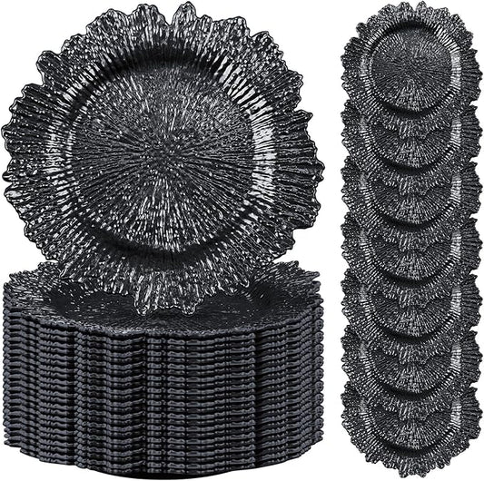Rtteri 50 Pcs 13 Inch Charger Plates Bulk, Plastic Charger Plates with Floral Reef Design, Round Ruffled Rim Decorative Dinner Tableware for Wedding, Party, Event Table Decor(Black)