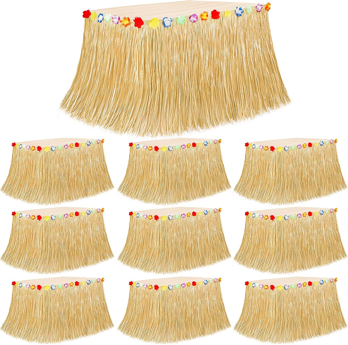 10PCS Hawaiian Table Skirt, Gold Luau Party Table Skirt Decoration, Hawaiian Themed Flower 108 X 29.5" Grass Skirts Luau Party Favors, Luau Table Skirt for Summer Tropical Hula Parties Accessories