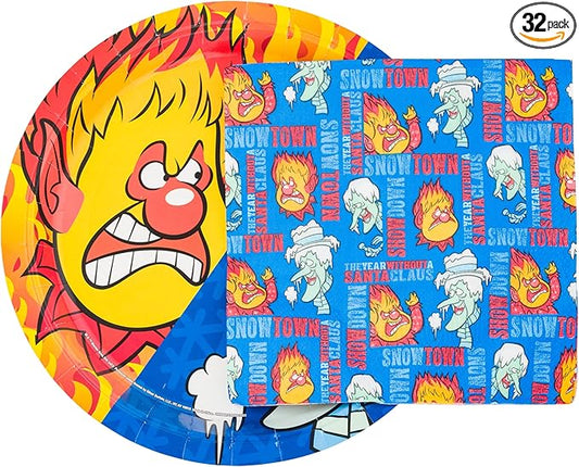 Silver Buffalo The Year Without a Santa Claus Heat Snow Miser Christmas 32 Pack Partyware Disposable Paper Plates and Napkins