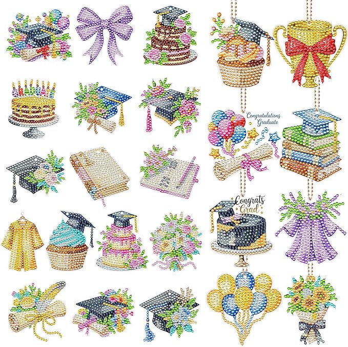 Huquary 24 Pcs Graduation Diamond Art Keychain Kits 5D DIY Graduation Diamond Art Ornaments Class of 2026 Congrats Grad Crafts for Grad Party Favors Decorations Backpack Charms Accessories