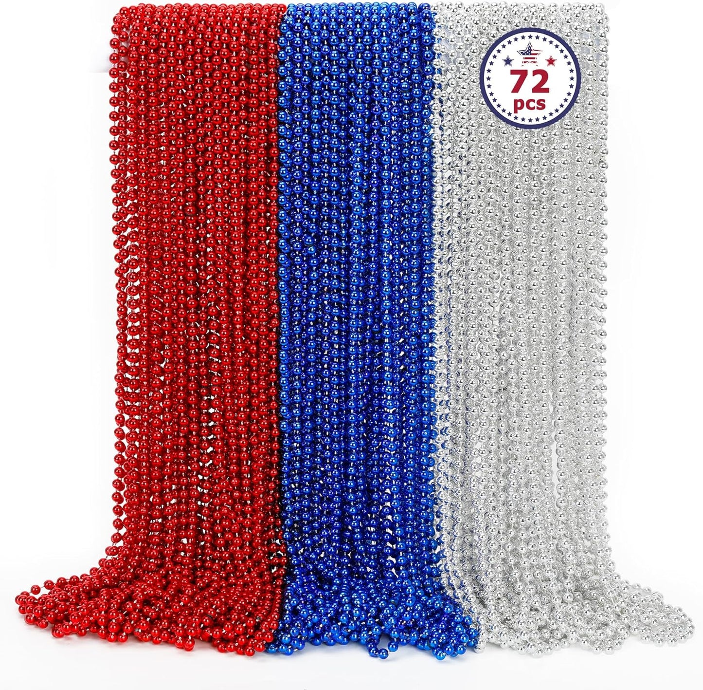 4th of July Necklace Accessories, 72PCS Veterans Day Beads Necklace Bulk, Round Fourth of July Red Blue Silver Beads Party Favors, Bead Bulk for Veterans Day Patriotic Parade Party Celebration
