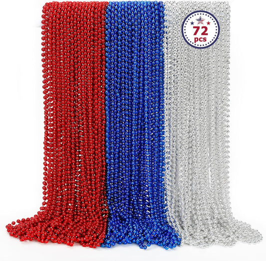 4th of July Necklace Accessories, 72PCS Veterans Day Beads Necklace Bulk, Round Fourth of July Red Blue Silver Beads Party Favors, Bead Bulk for Veterans Day Patriotic Parade Party Celebration