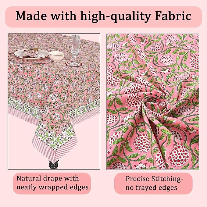 Ridhi Hand Block Print Strawberry Pink Square Cotton Tablecloth 60" x 60" Reusable Table Cover Decorative Everyday Use for Dining, Farmhouse, Home Gift for Spring, Easter, Valentine