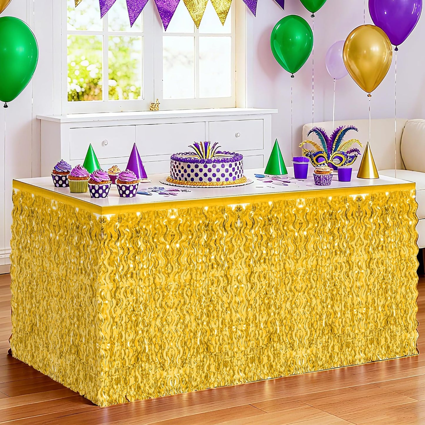 Table Skirt, 2 Pack Gold Foil Grass Table Skirt, New Years Metallic Wavy Tinsel Foil Fringe Table Skirts, Table Skirts for Irish Holiday Mardi Gras Graduations New Years Birthday Party Decor