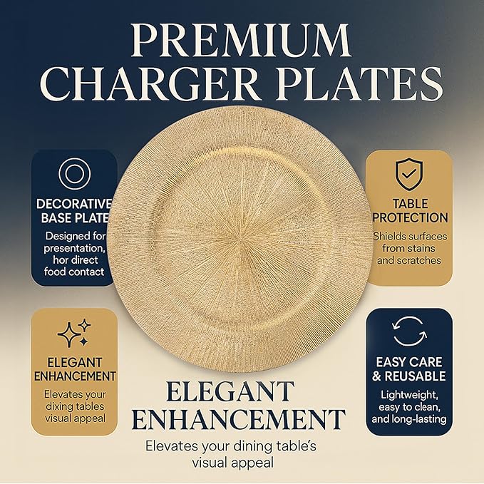 JEVERGN 10 Pack Gold Charger Plates, 13" Plating Linear Chargers for Dinner Plates, Gold Plate Chargers Set of 10, Round Plastic Charger for Wedding, Party Event, Dinner, Table Setting