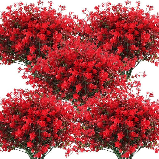 RECUTMS Fake Greenery Boxwood Plant Outdoor Artificial Flowers UV Resistant Fake Boxwood Plastic Plants Greenery Shrubs for Summer Indoor Outdoor Garden Patio Window Box Kitchen Home Decor(Red)
