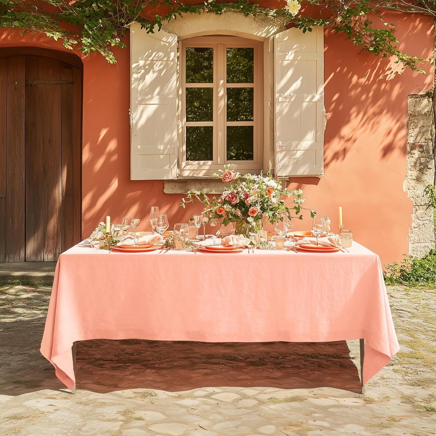 Linen World Linen Tablecloth,100% French Natural Flax Tablecloth 90" x 60" Inch,Washable Rectangular Table Cloth for Dining,Outdoor,Weddings and Restaurants,Decorative Christmas,Peach Pink