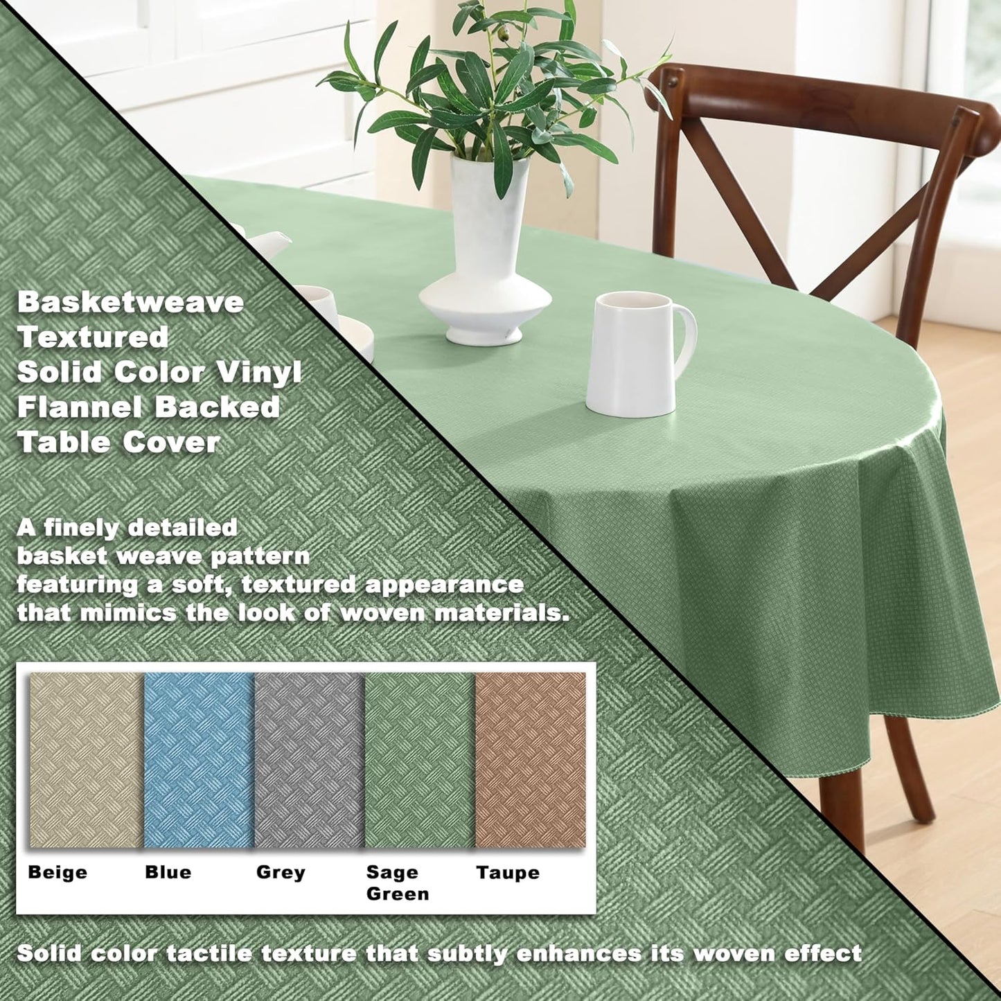 Newbridge Basketweave Vinyl Flannel Backed Tablecloth, 60 x 84 Inch Oval, Sage Green, Basket Weave Textured Indoor Outdoor Waterproof Table Cover for Patio, Kitchen, Dining
