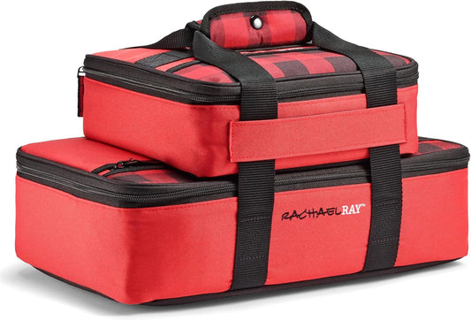Rachael Ray Lugger Duo, Insulated Casserole Carrier for Hot or Cold Food, Thermal Lasanga Lugger Tote for Potluck, Parties, Picnic, and Cookouts, Fits 9" x 13" Baking Dish, Red Buffalo