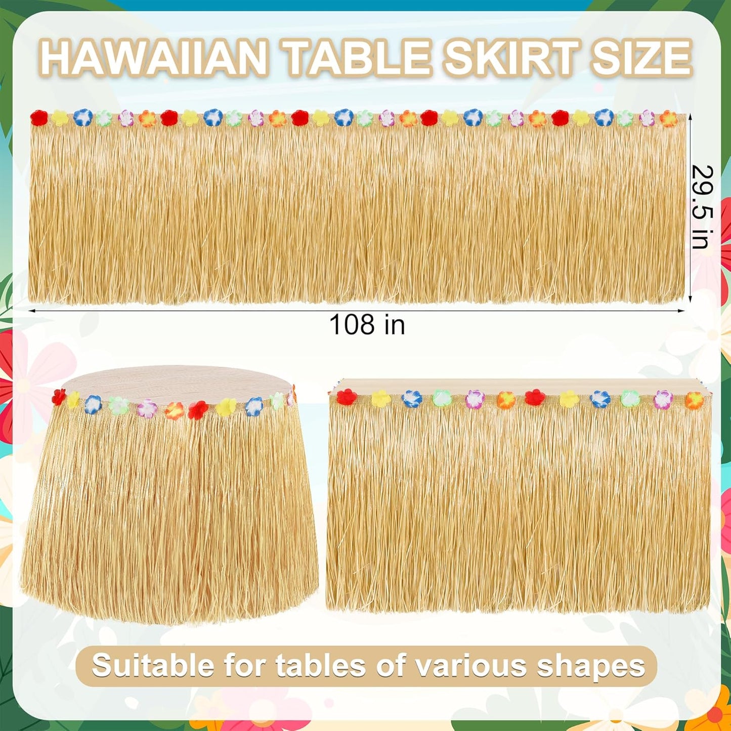 12PCS Luau Table Skirt Decor, Gold Hawaiian Themed Grass Table Skirt Decor, Luau Party 108 X 29.5" Flower Tropical Hula Dance Parties Supplies, Table Skirt for Hawaiian Summer Beach Themed Party