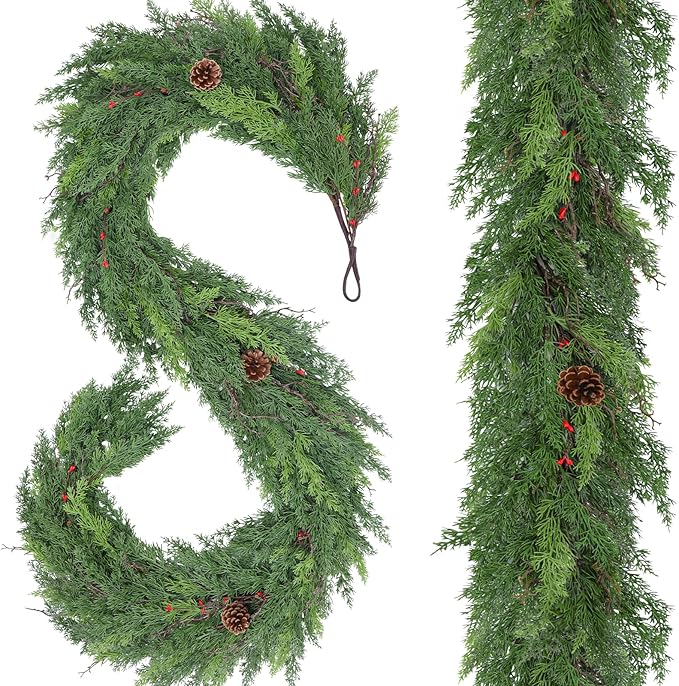1 Pack 9FT Real Touch Christmas Garland with Pine Cone Artificial Realistic Faux Green Cedar Pine Garland,Thick and Lush, Lifelike Cedar Garland for Fireplace Indoor Outdoor Holiday Party Decoration