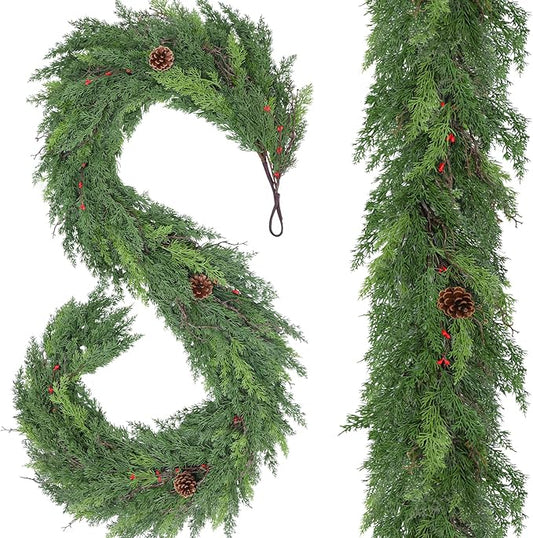 1 Pack 9FT Real Touch Christmas Garland with Pine Cone Artificial Realistic Faux Green Cedar Pine Garland,Thick and Lush, Lifelike Cedar Garland for Fireplace Indoor Outdoor Holiday Party Decoration