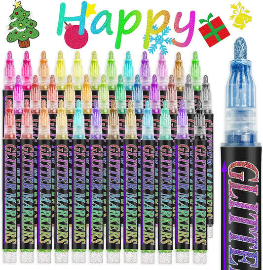 Glitter Marker Pens, 36 Colors Metallic Shimmer Paint Pens, Art Markers for Kids Adults DIY Crafts Greeting Birthday Cards Making Poster Album Scrapbooking Wood