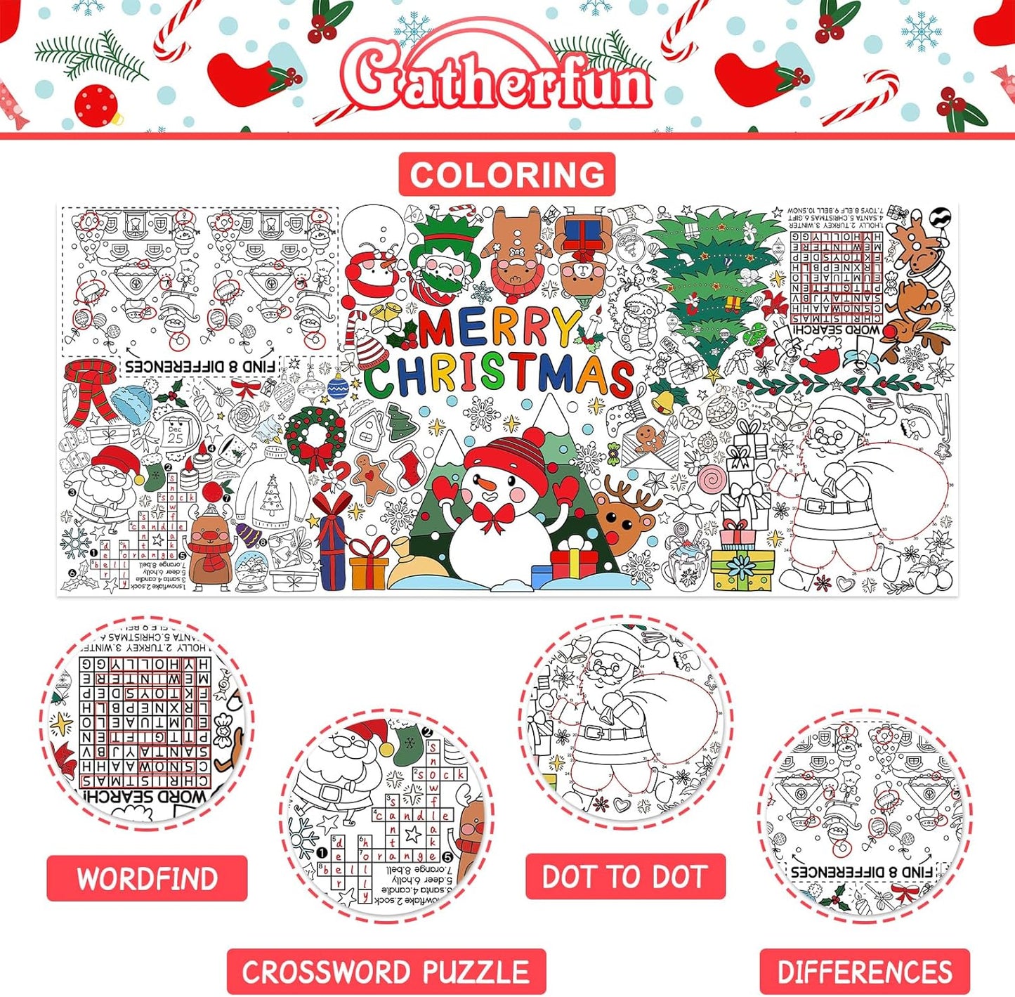 Gatherfun Merry Christmas Decorations - Versatile 31.5 x 72 Inches Activity Poster, Christmas Party Coloring Banner/Santa & Snowman Table Cover for School Parties and Special Events