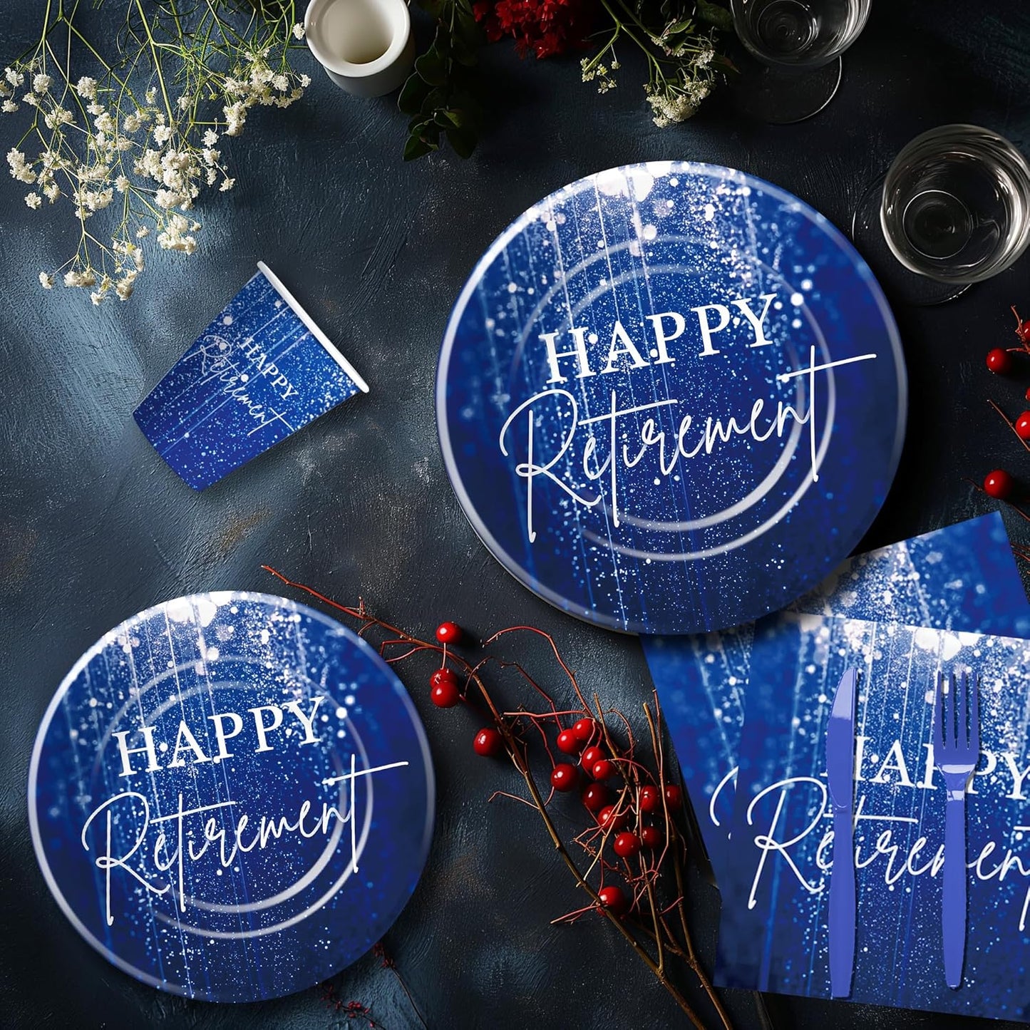 Blue Retirement Party Decorations Tableware For Women Men, Disposable Happy Retirement Party Supplies, Paper Plate, Cup, Napkin, Fork, Serve 24