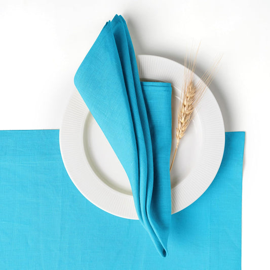 D'Moksha Homes Cyan Blue Linen Napkins 18 x 18 Inch - 100% Pure Linen Cloth Washable Dinner Napkins Set of 4 for Fall, Thanksgiving, Holiday