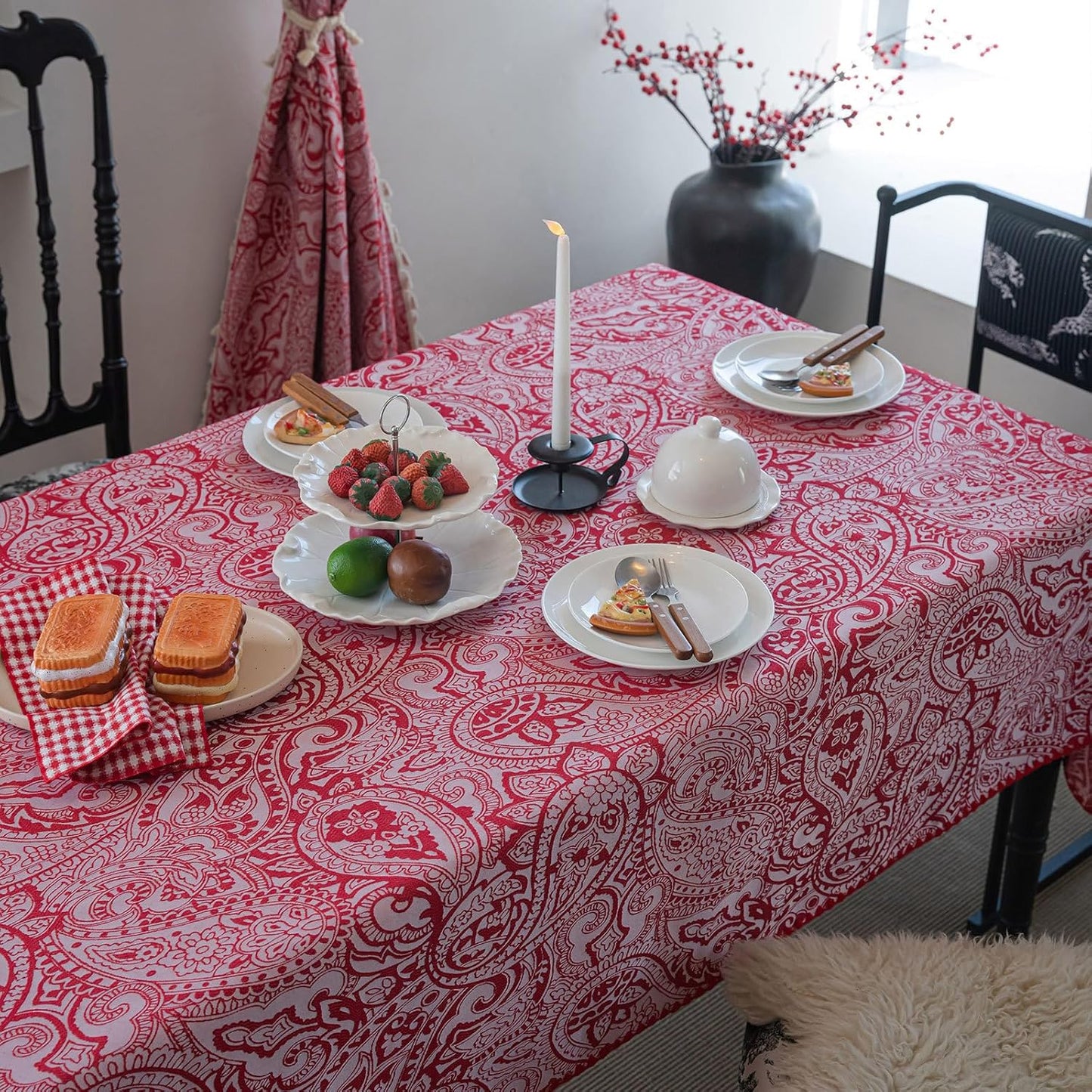 ENJOYBRIDAL Red Paisley Tablecloth - 60 x 84 Inch - Waterproof Rectangle Table Cloth Jacquard Washable Dining Polyester Table Cover 6-8 Seats Picnic Camping Boho Farmhouse Furniture Protector