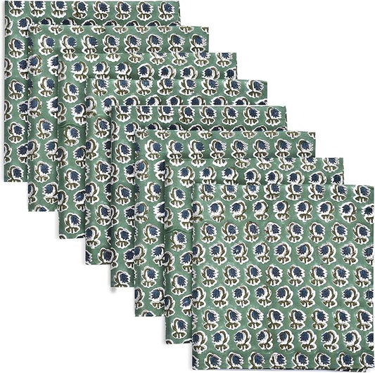 Ridhi Basil Green Hand Block Print 100% Cotton Napkins 18" x 18" (Set of 8) Reuseable Kitchen Napkins Cloth Decor Dinner Party Wedding Cocktail Gift for Spring, Easter, Valentine