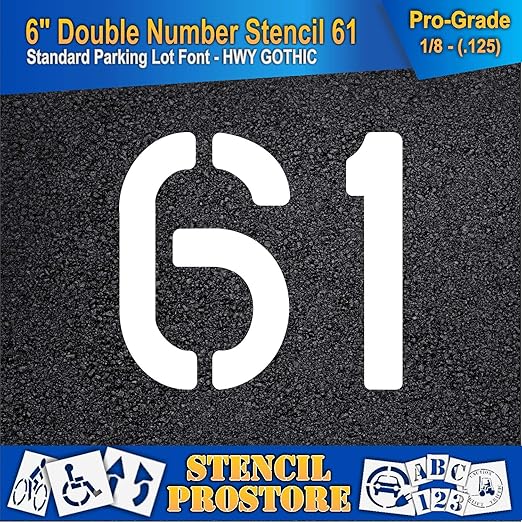 Pavement, Curb, and WheelStop Stencils - 6 inch Double Number Stencil - (61) - 6" x 6" x 1/8" (128 mil) - Pro-Grade