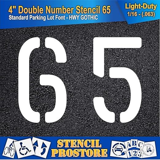 Pavement, Curb, and WheelStop Stencils - 4 inch Double Number Stencil - (65) - 4" x 5.5" x 1/16" (63 mil) - Light-Duty