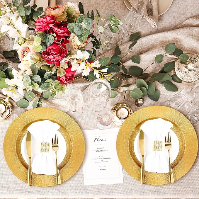 Tanlade 12 Pcs Charger Plates Bulk 13 Inch Plastic Round Wedding Chargers Floral Decorative Plates with Metallic Ruffled Rim for Wedding Party, Holiday Event Supplies(Gold)