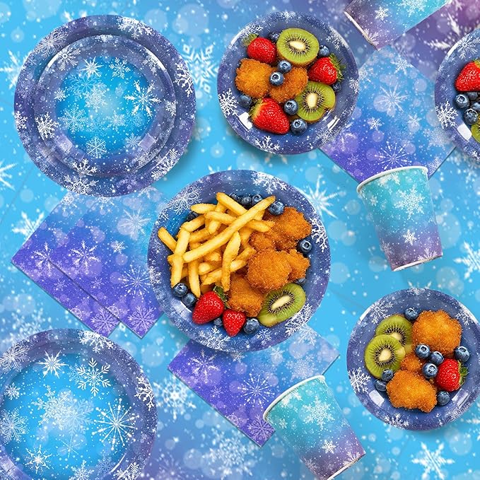 148pcs Snowflake Frozen Birthday Party Supplies,Blue and Purple Snowflake Winter Wonderland Paper Plates and Napkins Kit for Christmas Winter Holiday New Year Party Supplies Decorations,Serves 24