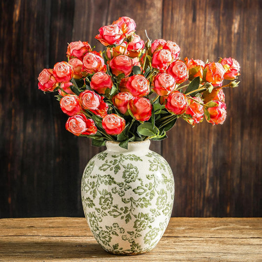 Ceramic Vintage Vase, Green Flower Decorative Vase Chinoiserie Decor Rustic Farmhouse Retro Floral Vases for Table Bookshelf Mantel Kitchen Living Room Office- 7.8inch Green