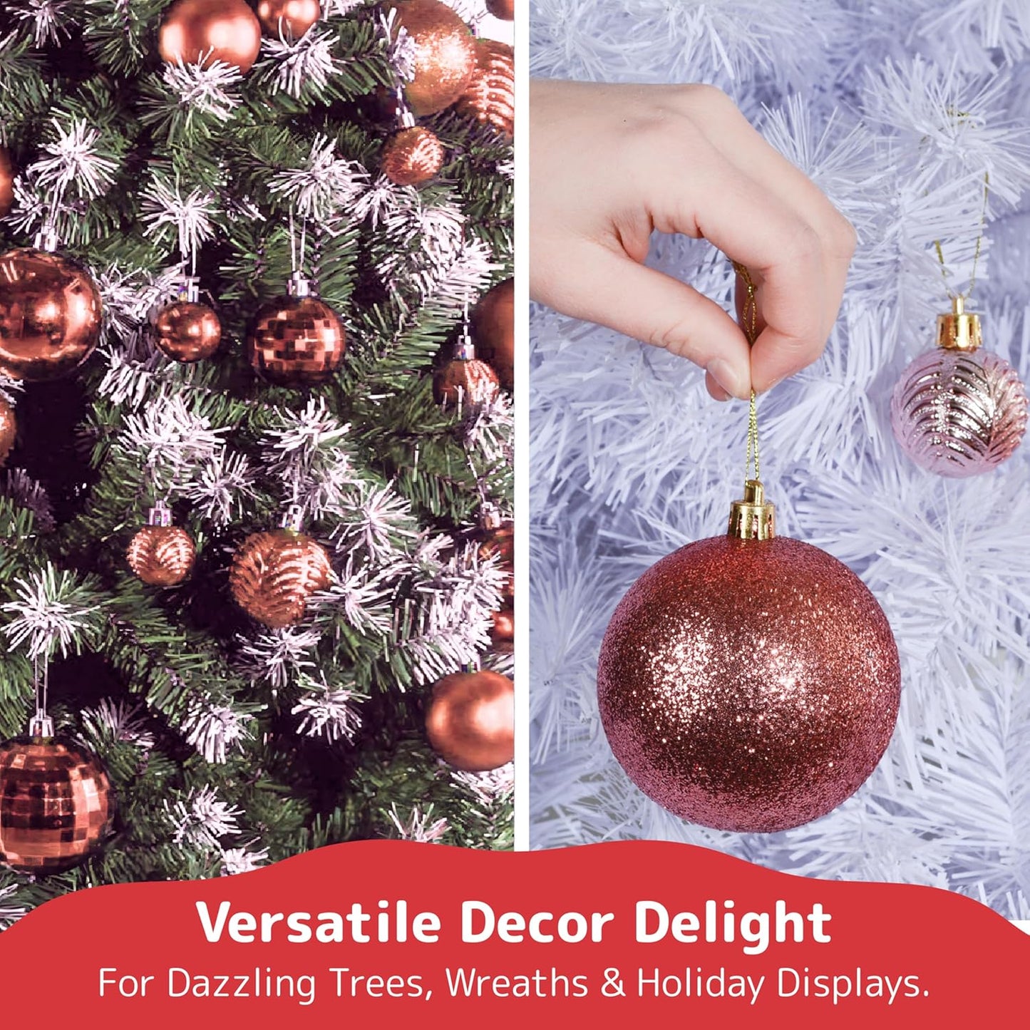 PREXTEX Champagne Christmas Ball Ornaments (36 pcs) - Shatterproof Christmas Tree Decorations with Hanging Loops in 6 Styles and 3 Sizes - Xmas Ornaments Set for Indoor and Outdoor Decor