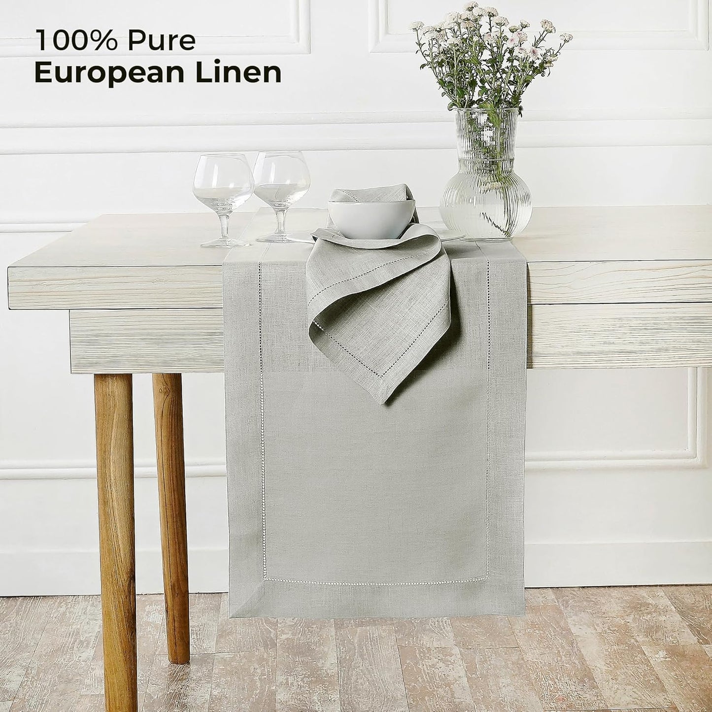 D'Moksha Homes Linen Silver Grey Table Runner 108 Inches Long - 100% Pure Linen 14 x 108 Inch Table Runner for Fall, Autumn and Halloween - Classic Hemstitch