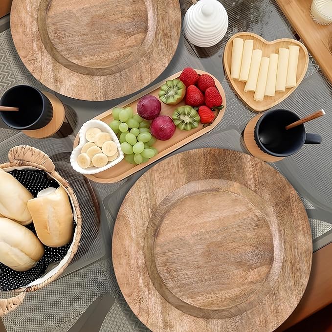 Lightnpro Natural Wood Dinner Plates - Wooden Round Charcuterie Boards, Serving Platters for Food, Cheese Tray, Dessert Salad Plate, Wood Charger Plates - Set of 2, 13 Inch