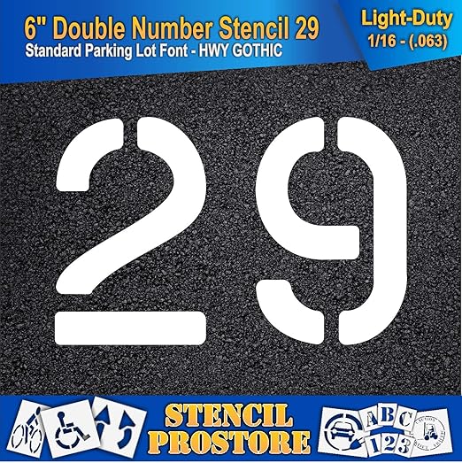 Pavement, Curb, and WheelStop Stencils - 6 inch Double Number Stencil - (29) - 6" x 9" x 1/16" (63 mil) - Light-Duty