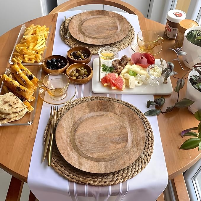 Lightnpro Natural Wood Dinner Plates - Wooden Round Charcuterie Boards, Serving Platters for Food, Cheese Tray, Dessert Salad Plate, Wood Charger Plates - Set of 2, 13 Inch