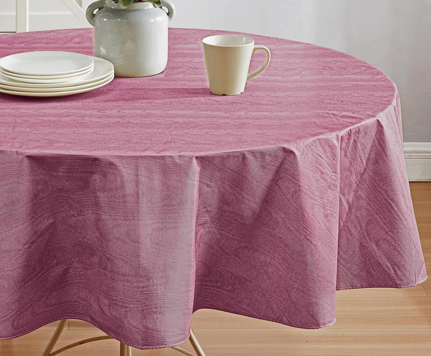 Newbridge Vinyl Flannel Backed Tablecloth, 60 x 84 Inch Oval, Burgundy Moire Wavy Solid Design, Heavyweight Indoor Outdoor Waterproof Table Cover, Easy Care Wipe Clean