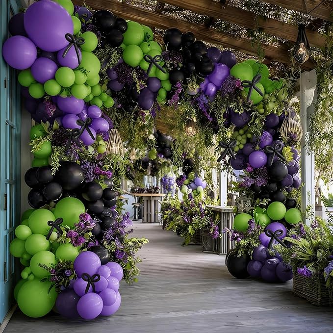 Black Purple Balloon Garland Arch Kit, Double Stuffed Purple Black Balloons Lime Green Lavender Balloon Arch for Wedding Birthday Baby Shower Gothic Wednesday Party Decorations