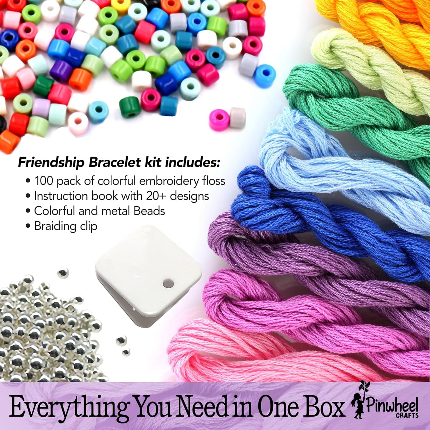 Pinwheel Crafts Friendship Bracelet Kit – DIY String Bracelet Making Kit for Girls 8-12 – 100 Floss, Colored/Metal Beads, Braiding Clip, Design Book – Jewelry Making Set for Girls Gift
