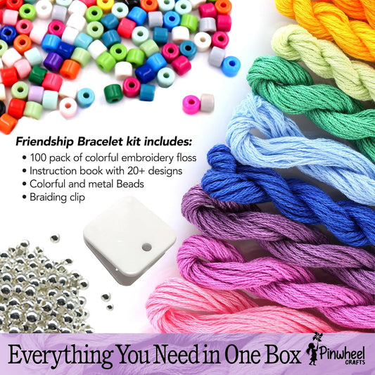 Pinwheel Crafts Friendship Bracelet Kit – DIY String Bracelet Making Kit for Girls 8-12 – 100 Floss, Colored/Metal Beads, Braiding Clip, Design Book – Jewelry Making Set for Girls Gift