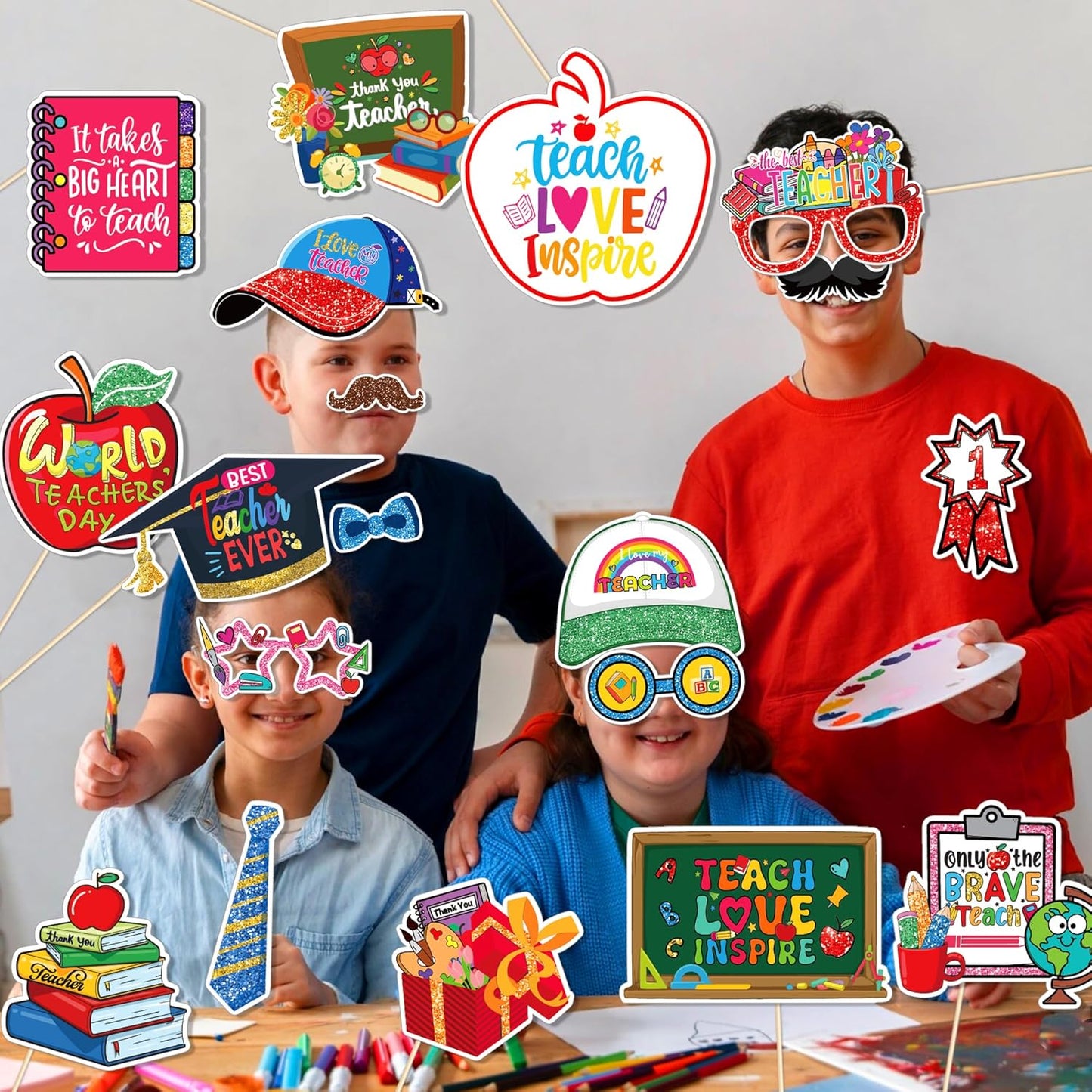25 Pcs Teacher's Day Photo Booth Props, Thank You Teacher Theme Decoration Props, Teacher's Day Classroom Party Supplies