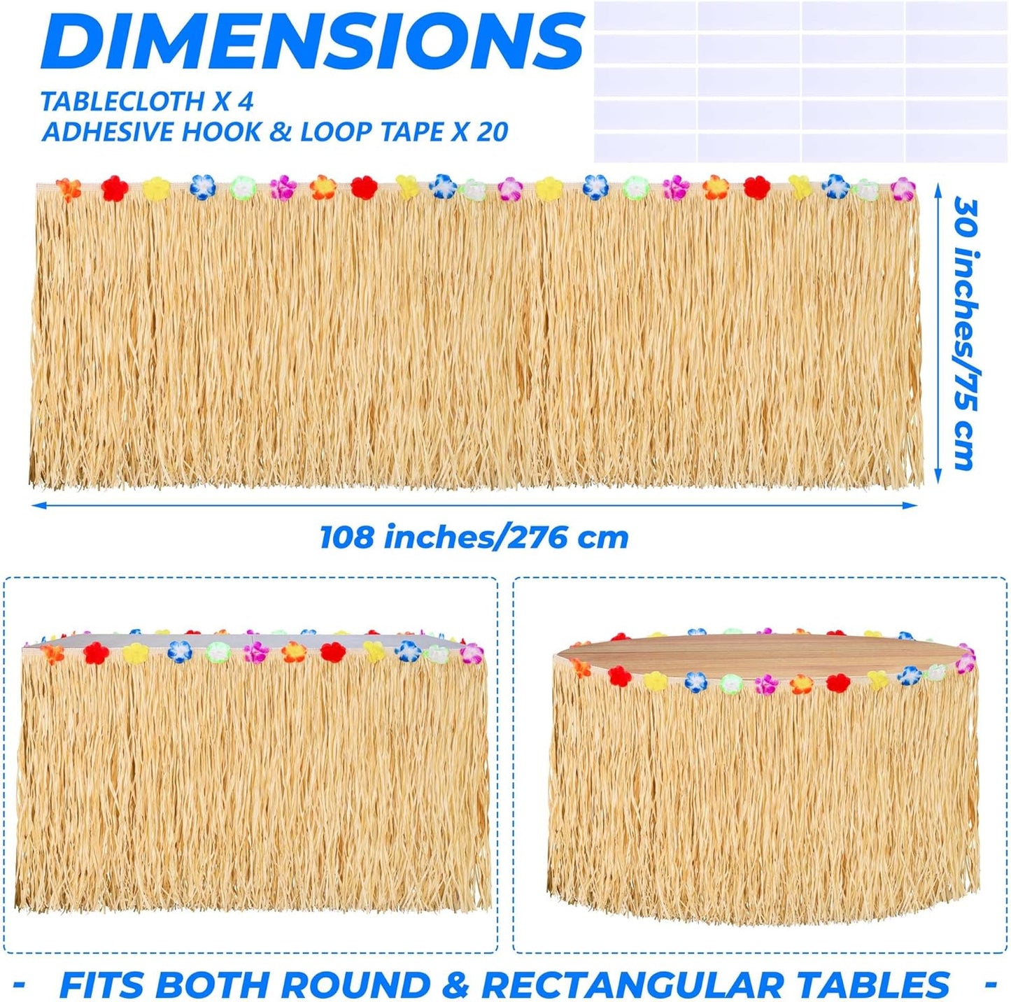 Aodaer 4 Pack Paper Luau Grass Table Skirt with Hibiscus Flowers 9 Feet x 30 Inch Raffia Style Hawaiian Table Skirt Rectangle Tropical Luau Party Decorations for Summer Beach Party, Straw