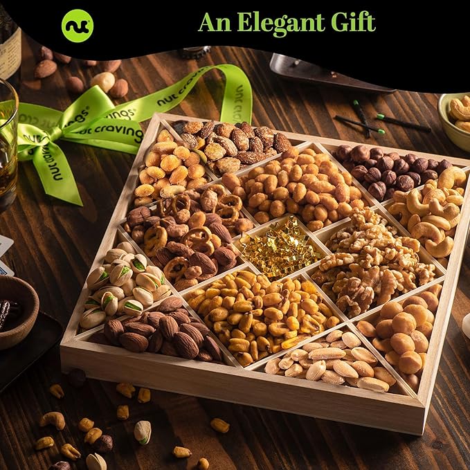 NUT CRAVINGS - Halloween Treats For Adults Mixed Nuts Gift Basket in Reusable Diamond Wooden Tray + Green Ribbon (12 Assortments) Holiday Xmas Christmas Food Arrangement Healthy Snack Care Package