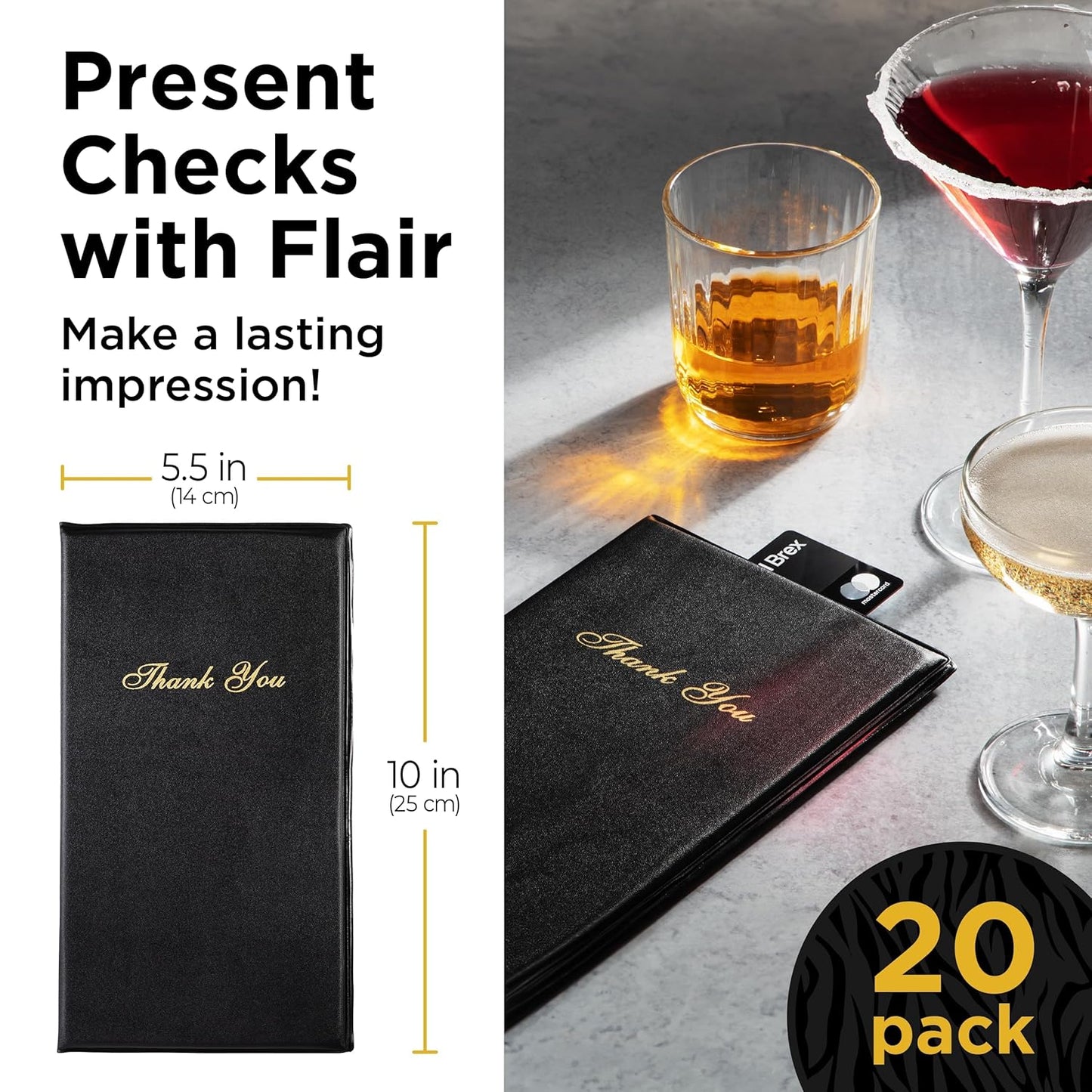 Gold Lion Gear Restaurant Check Presenters - Guest Check Card Holder with Gold Thank You Imprint - 5.5" x 10" Black 20 Pack, Standard Server Book - Waitress Book
